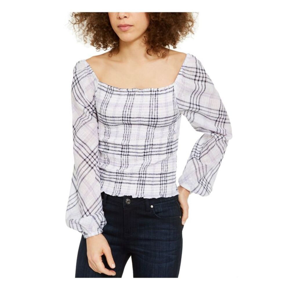 INC Womens White Ruched Plaid Long Sleeve Square Neck Top Size: XS